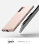 Galaxy Note 10 Case | Air-S - Pink Sand phone case floating next to a Galaxy Note 10 smartphone on a white background.