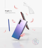 Galaxy Note 10 Case | Air - Clear (Dot) - Clear phone case floating with a purple Galaxy Note 10, blue stylus, and petals.
