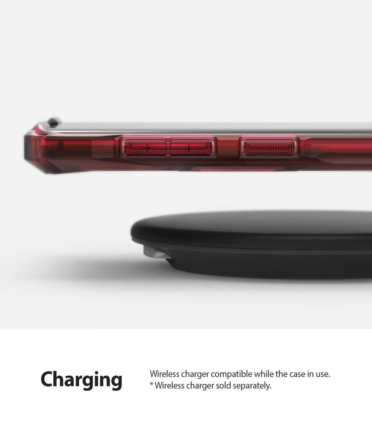 Galaxy Note 10 Case | Fusion-X - Ruby red phone case on a smartphone hovering above a black wireless charging pad.