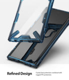 Galaxy Note 10 Case | Fusion-X - A clear phone case with a rugged blue TPU frame hovering above a Galaxy Note 10 smartphone.