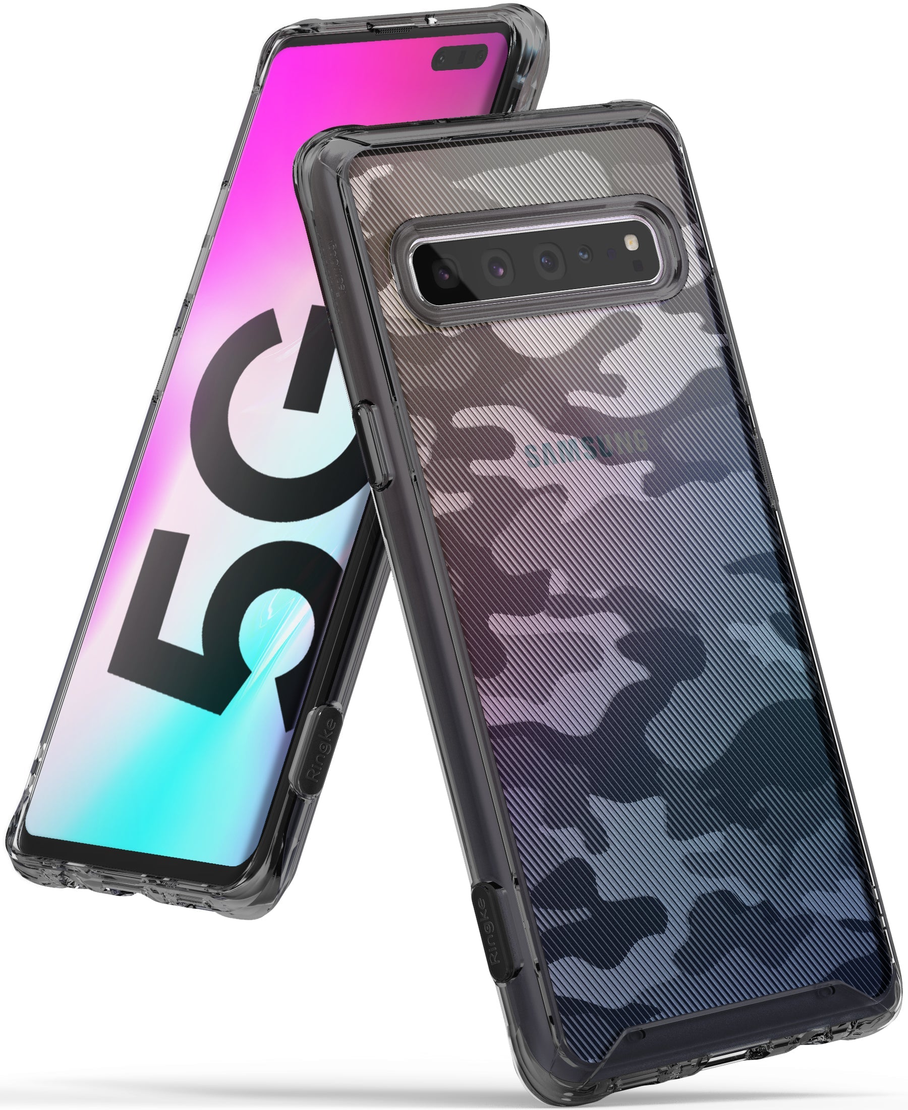 Galaxy S10 5G Case | Fusion - Clear phone case with camo pattern on a Galaxy S10 5G showing front screen and rear camera.