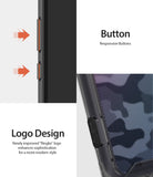 Galaxy S10 5G Case | Fusion - Close-up of responsive phone buttons and the Ringke logo on a camo-patterned phone case.