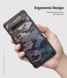 Galaxy S10 5G Case | Fusion - Hand holding a phone with a smoke black camo patterned case and ergonomic design text.