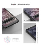 Galaxy S10 5G Case | Fusion - Three close-up views of a camo-patterned phone case highlighting camera and button design.