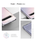 Galaxy S10 5G Case | Fusion - Close-up views of a clear glitter phone case highlighting camera, button, and strap features.