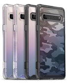 Galaxy S10 5G Case | Fusion - Four Galaxy S10 5G phones in clear, glitter, gradient, and camo Ringke Fusion cases.