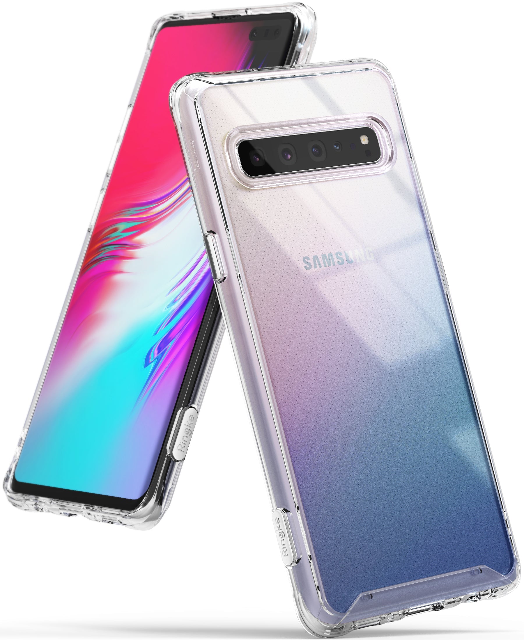 Galaxy S10 5G Case | Fusion - Clear protective phone case on a Samsung Galaxy S10 5G with a vibrant pink and blue gradient back.