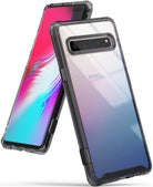 Galaxy S10 5G Case | Fusion - Two Samsung Galaxy S10 5G phones in clear, smoke-black bumper cases showing front and back views.