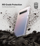 Galaxy S10 5G Case | Fusion - Clear phone case on a Galaxy S10 5G surrounded by flying debris, highlighting mil-grade protection.