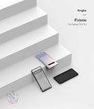 Galaxy S10 5G Case | Fusion - Clear phone case on a Galaxy S10 5G, with an empty case and a phone screen displayed on steps.