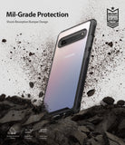 Galaxy S10 5G Case | Fusion - Clear phone case with black bumper hovering over debris, highlighting military-grade protection.