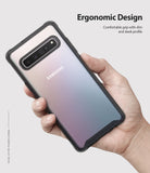 Galaxy S10 5G Case | Fusion - Hand holding a Samsung Galaxy S10 5G in a slim, black, transparent protective phone case.