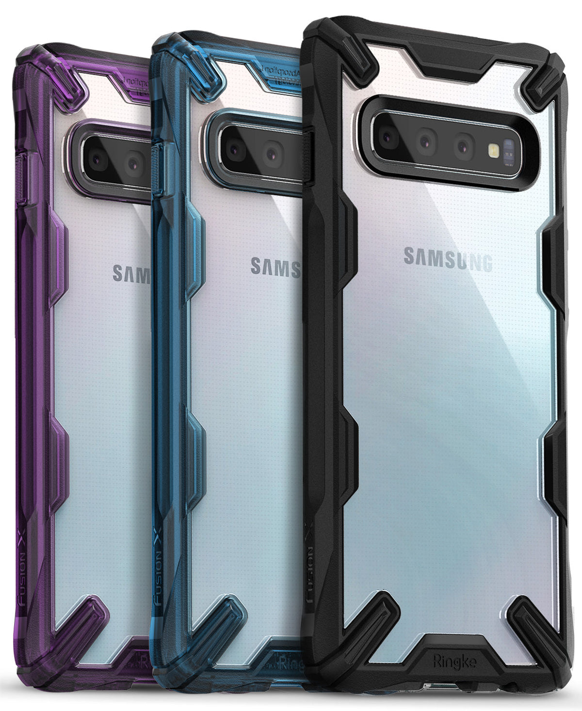 Galaxy S10 Case | Fusion-X - Three Galaxy S10 phones in purple, blue, and black rugged, transparent Fusion-X protective cases.