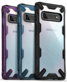 Galaxy S10 Case | Fusion-X - Three Galaxy S10 phones in purple, blue, and black rugged, transparent Fusion-X protective cases.