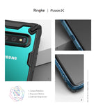 Galaxy S10 Case | Fusion-X - Three panels showing camera protection, responsive buttons, and strap access on a phone case.