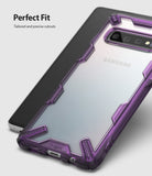 Galaxy S10 Case | Fusion-X - Purple Fusion-X case on a Samsung Galaxy S10 with precise cutouts for the camera and ports.