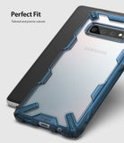 Galaxy S10 Case | Fusion-X - Clear phone case with blue reinforced edges on a Samsung Galaxy S10, highlighting precise cutouts.