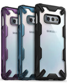 Galaxy S10e Case | Fusion-X - Three Samsung Galaxy S10e phones in purple, blue, and black rugged clear Fusion-X cases.
