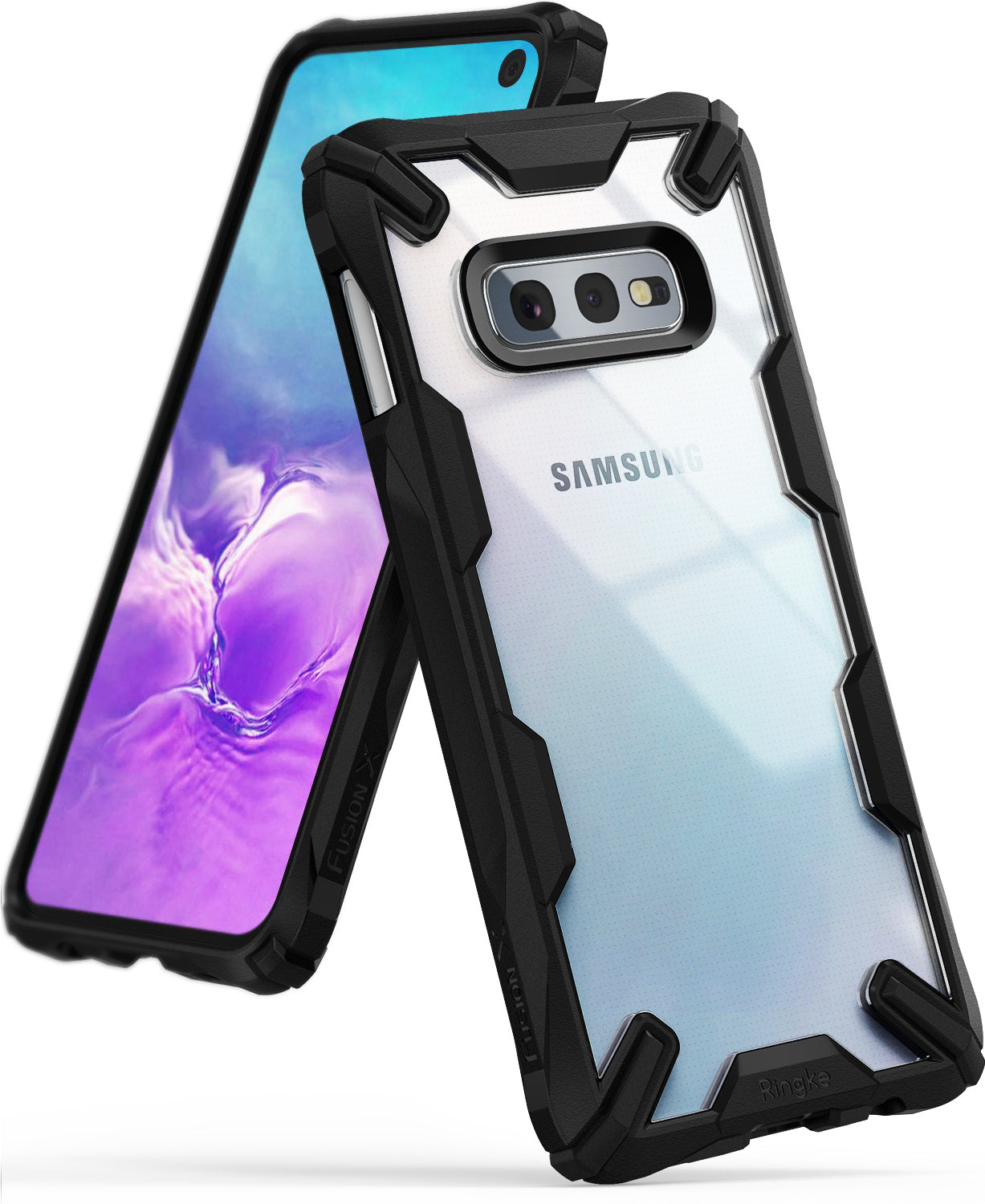 Galaxy S10e Case | Fusion-X - Black rugged protective case with clear back on a Samsung Galaxy S10e smartphone.