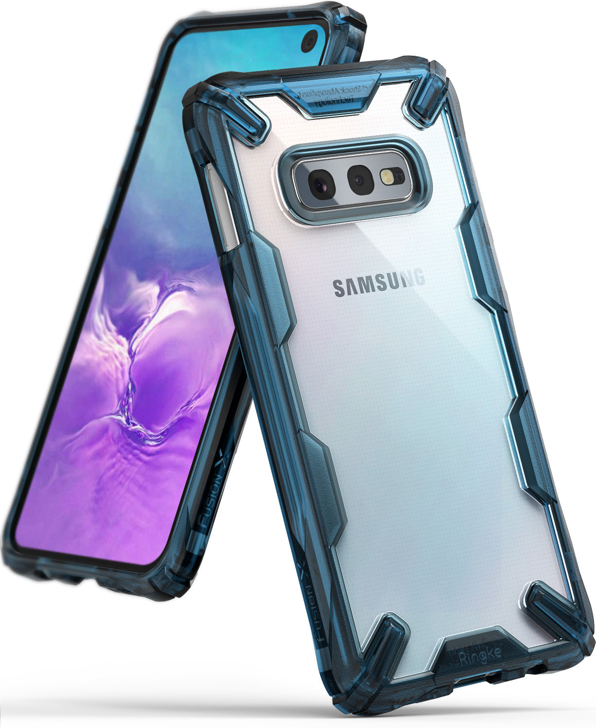 Galaxy S10e Case | Fusion-X - Samsung Galaxy S10e with a clear, blue-tinted rugged protective case featuring reinforced corners.