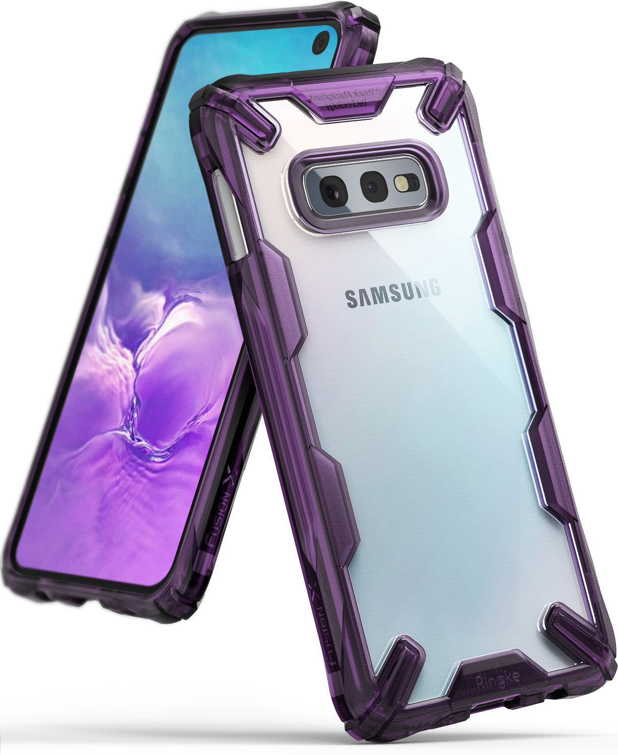 Galaxy S10e Case | Fusion-X - Royal purple rugged protective case with clear back panel on a Samsung Galaxy smartphone.