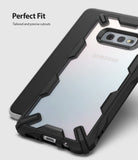 Galaxy S10e Case | Fusion-X - Black rugged protective case on a Samsung phone with precise cutouts and clear back panel.