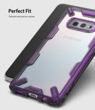 Galaxy S10e Case | Fusion-X - Clear phone case with purple reinforced corners and precise camera cutouts on a Samsung phone.