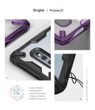 Galaxy S10e Case | Fusion-X - Close-ups of purple and black protective phone case showing camera, button, and strap features.
