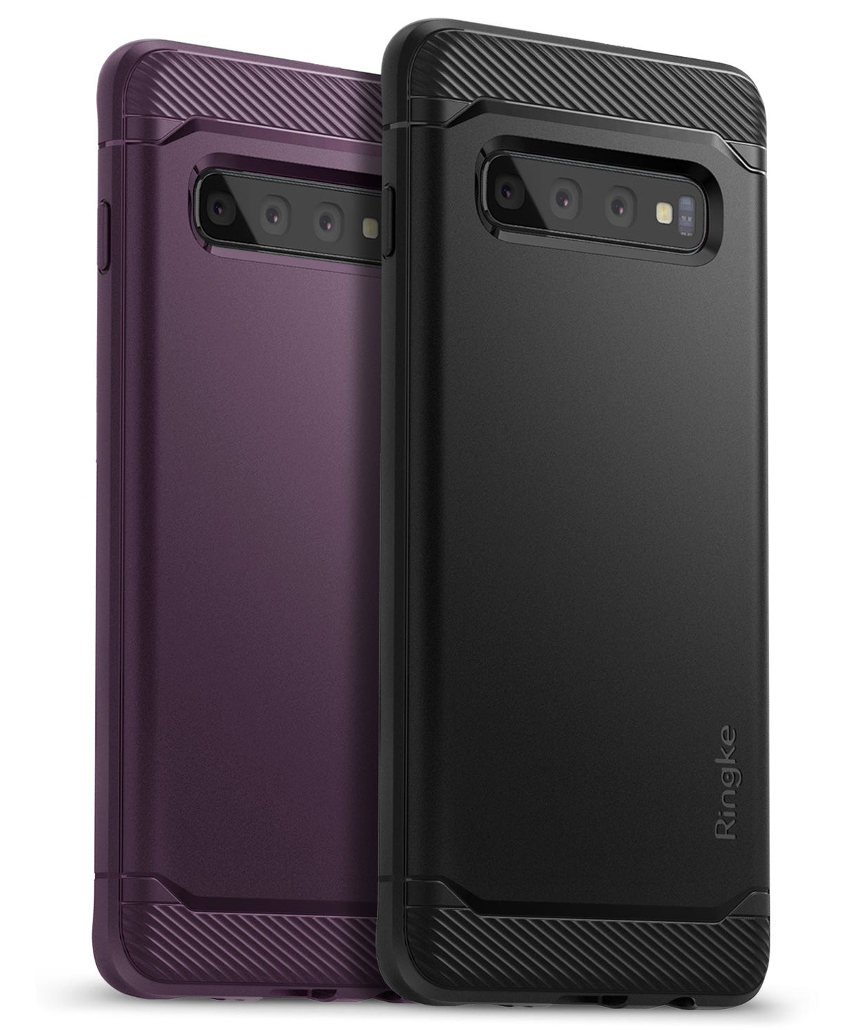 Galaxy S10 Case | Onyx - Two Galaxy S10 phones in black and purple Onyx cases with textured top and bottom panels.