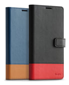Galaxy S10e Case | Wallet - Two leather wallet cases in blue/tan and black/red with magnetic closures on a white background.