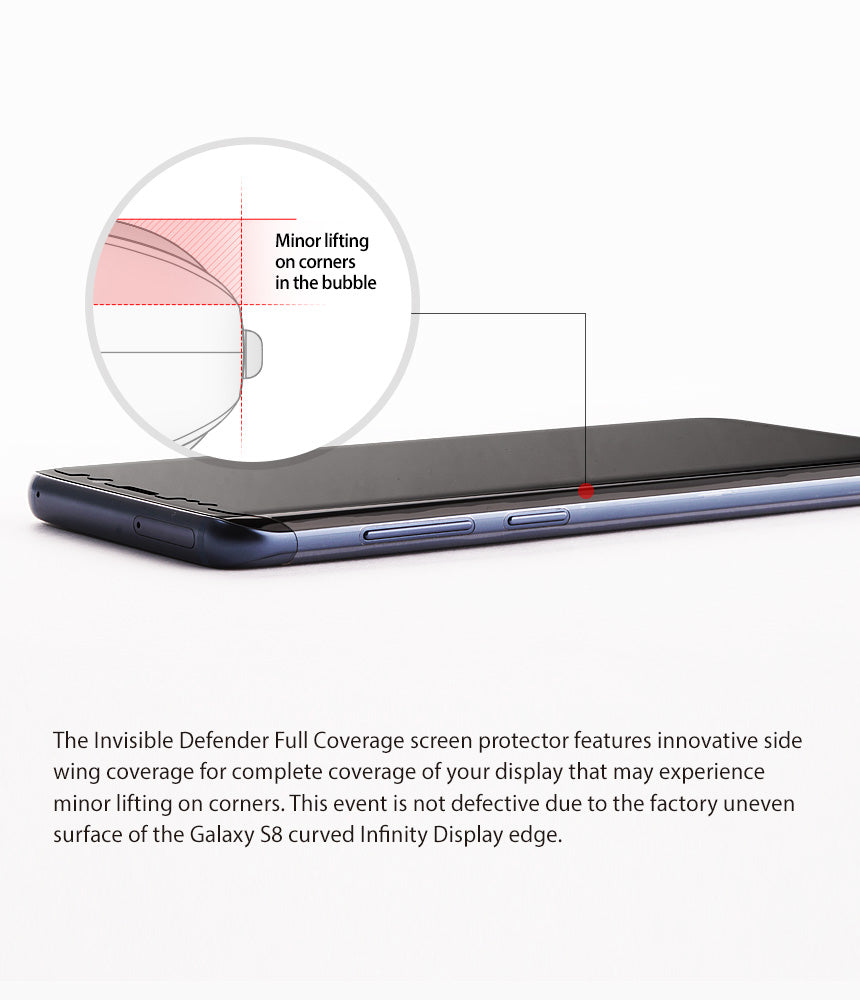 Galaxy S8 Screen Protector | Full Cover (2P) - Close-up of phone edge showing potential screen protector lifting.