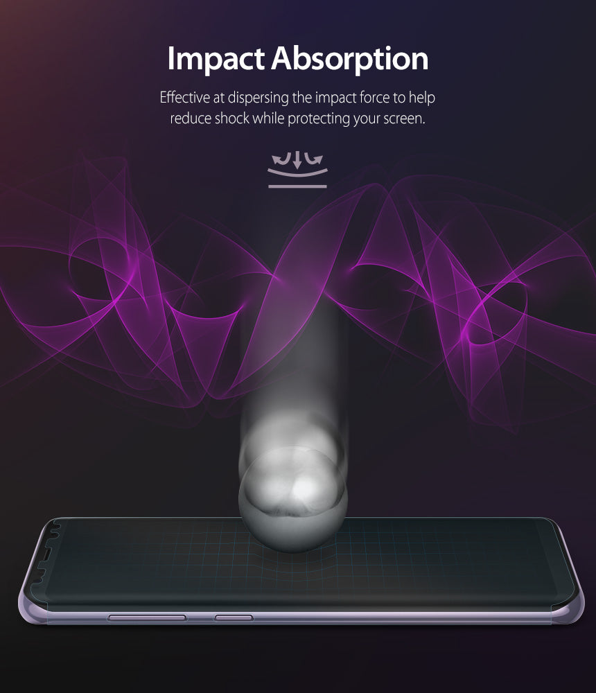 Galaxy S8 Screen Protector | Full Cover (2P) - Impact absorption graphic showing a ball hitting a phone screen.