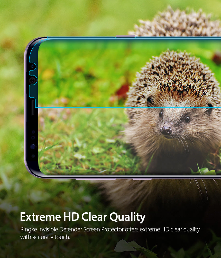 Galaxy S8 Screen Protector | Full Cover (2P) - A smartphone screen displaying a hedgehog with a clear protective film.
