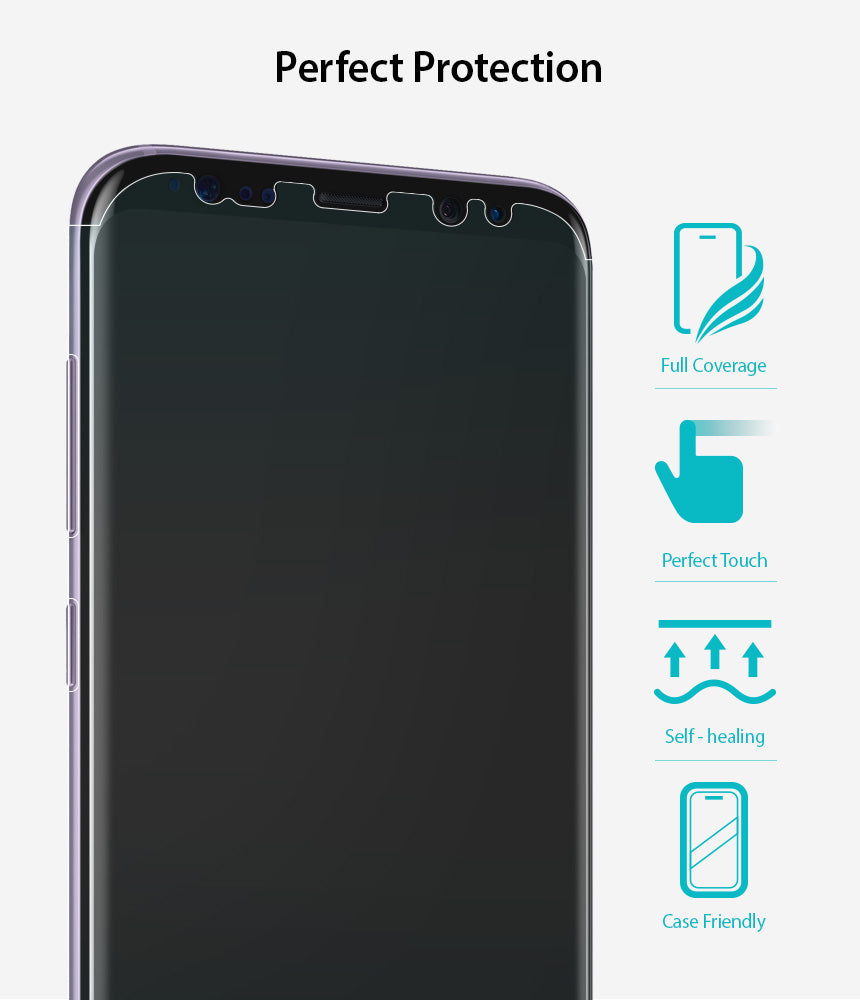 Galaxy S8 Screen Protector | Full Cover (2P) - Galaxy S8 with screen protector and icons for coverage, touch, self-healing, and case compatibility.