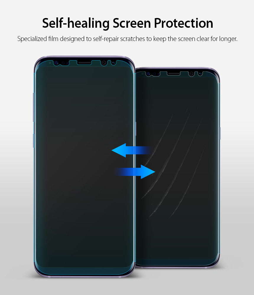 Galaxy S8 Screen Protector | Full Cover (2P) - Two smartphones with self-healing film, one scratched and one clear.