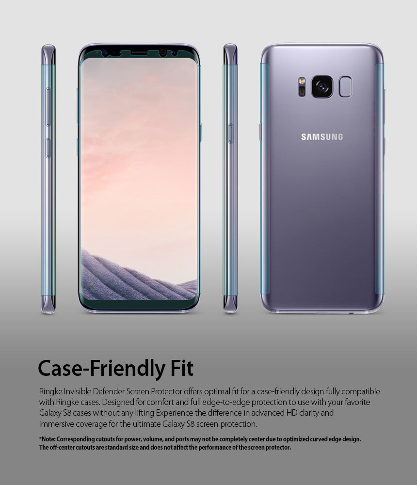 Galaxy S8 Screen Protector | Full Cover (2P) - Front, side, and back views of a Galaxy S8 with a clear screen protector.