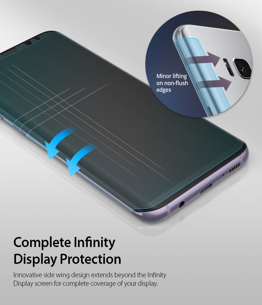 Galaxy S8 Screen Protector | Full Cover (2P) - Smartphone with curved screen protector and inset showing edge lifting.