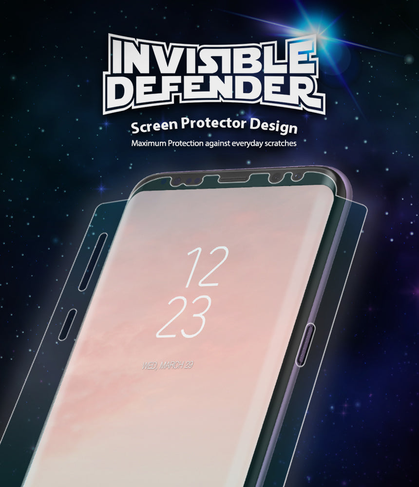 Galaxy S8 Screen Protector | Full Cover (2P) - Invisible Defender screen protector applied to a Galaxy S8 against a starry space background.