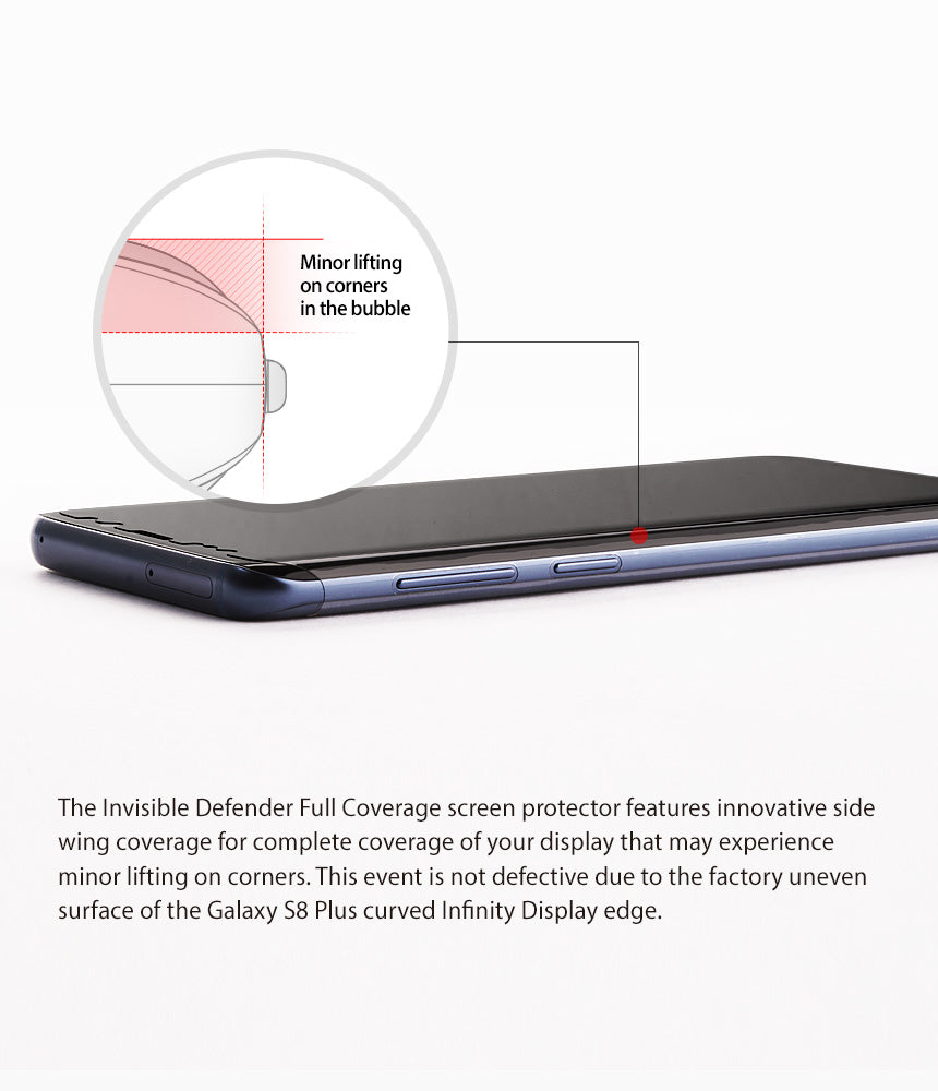 Galaxy S8 Plus Screen Protector | Full Cover (2P) - Close-up of phone screen protector showing minor corner lifting.