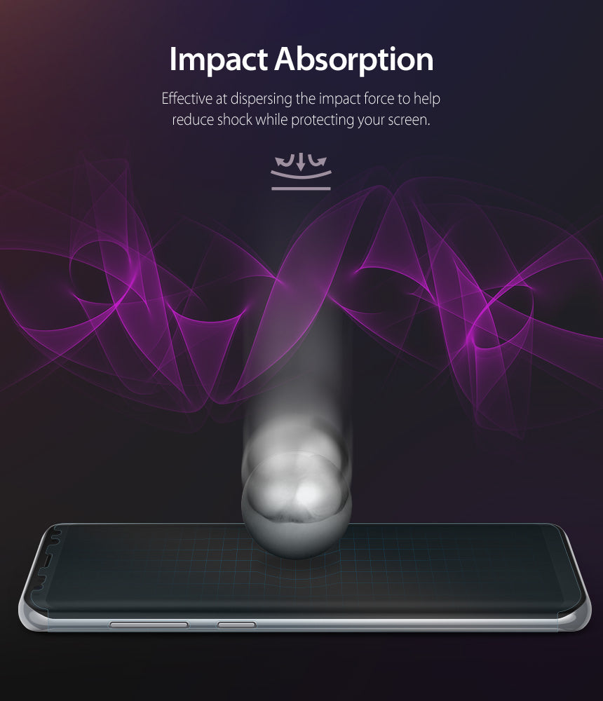 Galaxy S8 Plus Screen Protector | Full Cover (2P) - A metal ball impacts a smartphone screen protected by a film, with purple light waves.