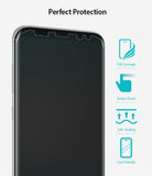 Galaxy S8 Plus Screen Protector | Full Cover (2P) - Galaxy S8 Plus Screen Protector - Smartphone with curved screen protector and icons highlighting coverage and features.