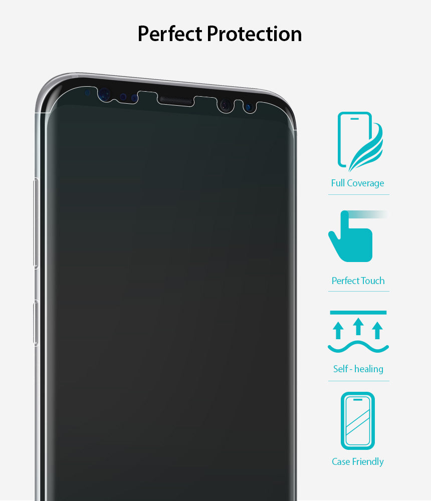 Galaxy S8 Plus Screen Protector | Full Cover (2P) - Galaxy S8 Plus Screen Protector - Smartphone with curved screen protector and icons highlighting coverage and features.