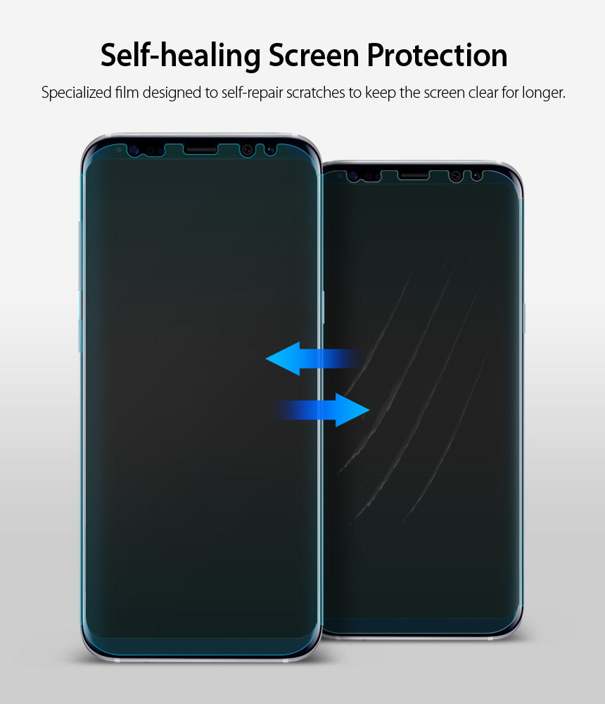 Galaxy S8 Plus Screen Protector | Full Cover (2P) - Two smartphones showing a self-healing film repairing surface scratches.