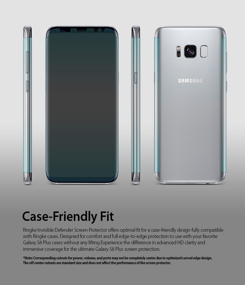 Galaxy S8 Plus Screen Protector | Full Cover (2P) - Front, side, and back views of a silver Galaxy S8 Plus with a screen protector.
