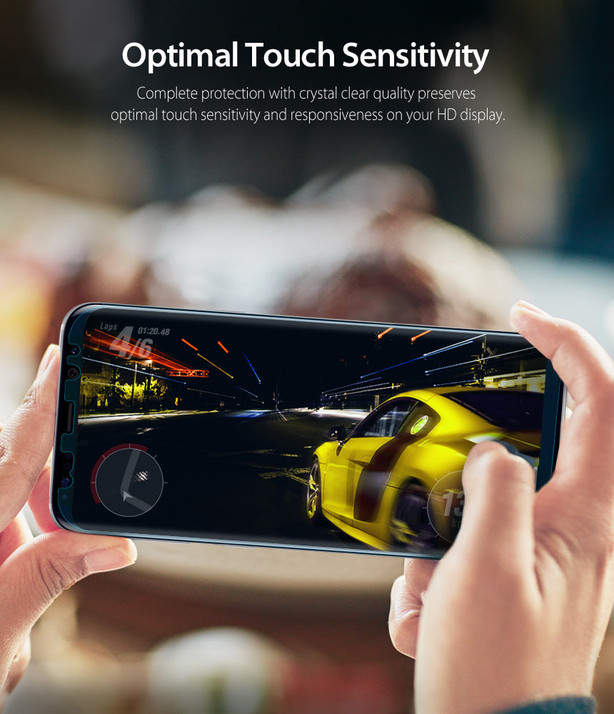 Galaxy S8 Plus Screen Protector | Full Cover (2P) - Hands holding a phone displaying a racing game with text overlay.