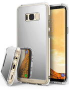 Galaxy S8 Plus Case | Mirror - Silver reflective phone case with clear edges shown from back and bottom angles on a smartphone.