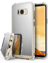 Galaxy S8 Plus Case | Mirror - Silver reflective phone case with clear edges shown from back and bottom angles on a smartphone.