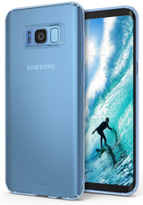 Galaxy S8 Plus Case | Slim - Blue frosted slim case on a Samsung Galaxy S8 Plus showing the back and front with a surfer screen.