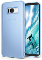 Galaxy S8 Plus Case | Slim - Frost blue slim phone case shown from back and front with a surfer wallpaper on the screen.