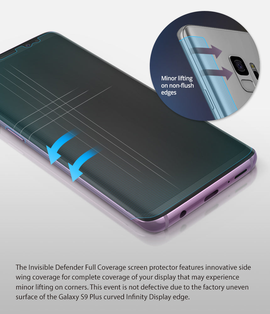 Galaxy S9 Plus Screen Protector | Full Cover (3P) - Close-up of screen protector edges showing potential lifting.